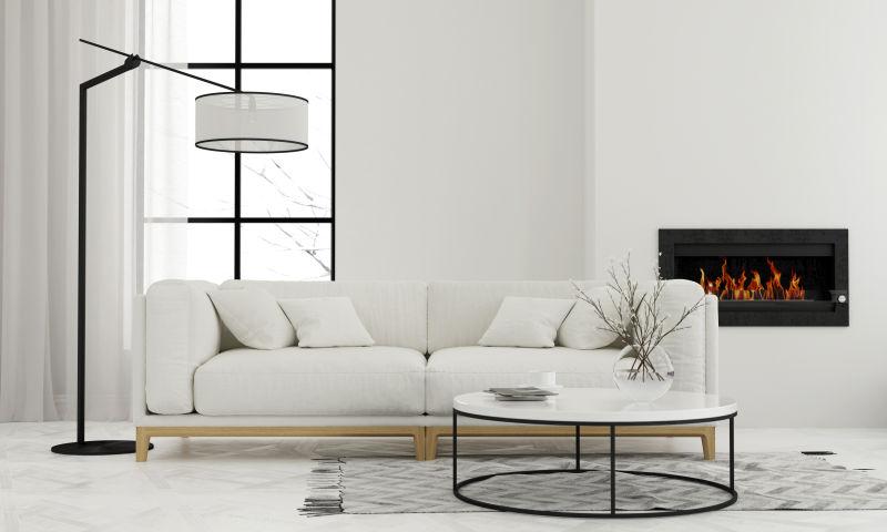 白色沙发和简单的壁炉室内设计