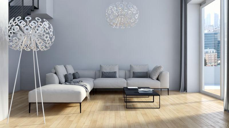 灰色为主色调的明亮紧凑的客厅设计