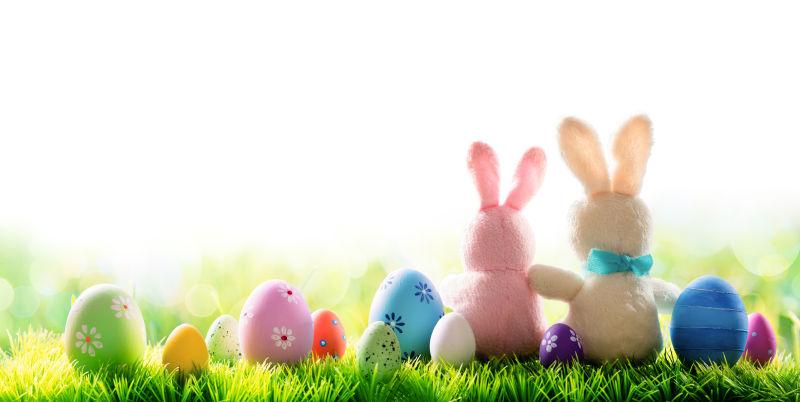 草地上的兔子玩偶和小彩蛋