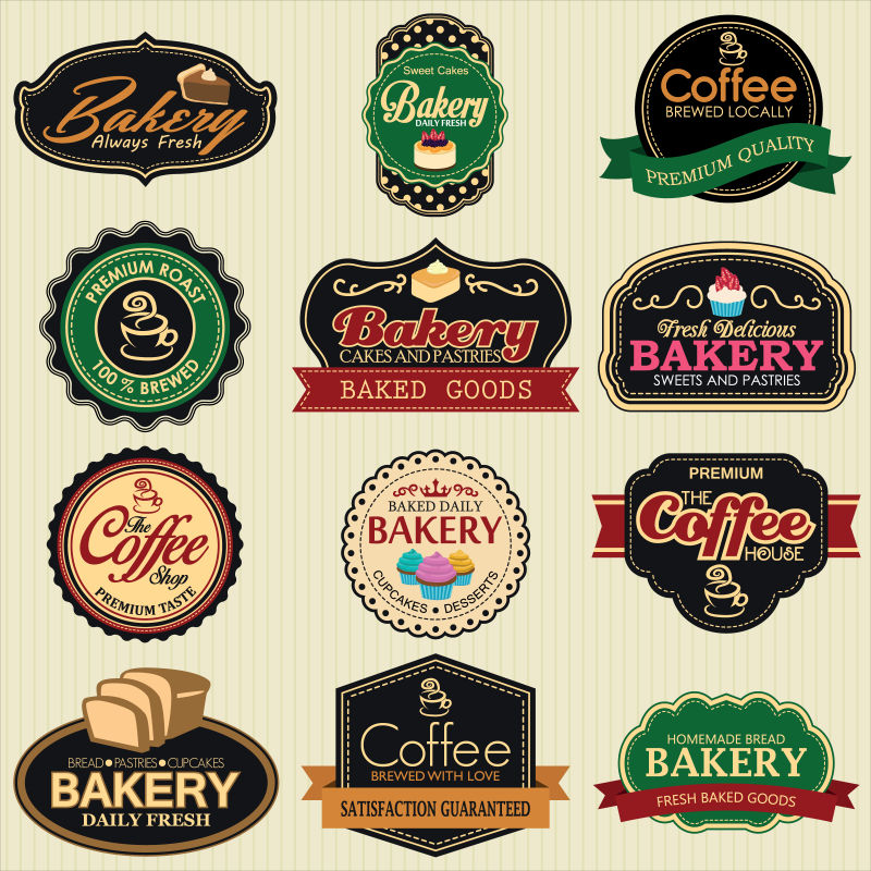 矢量的老式面包店和咖啡标签设计