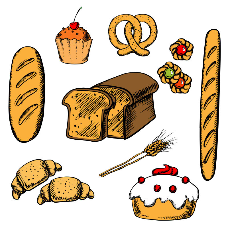 矢量手绘风格的面包插图