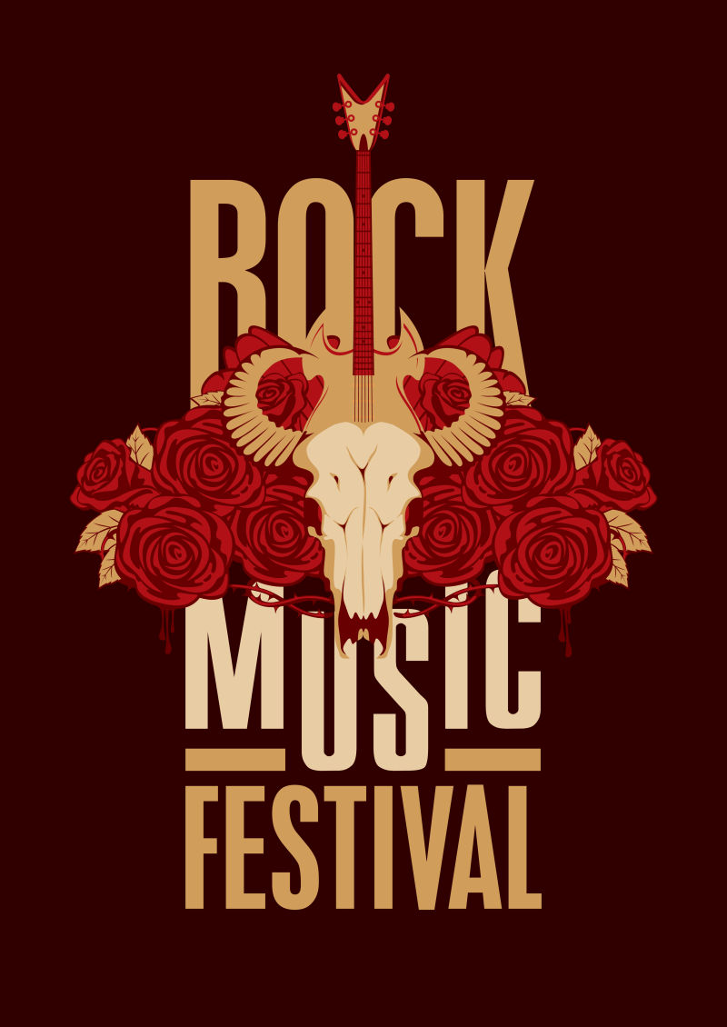 创意矢量玫瑰与摇滚元素的节日海报设计