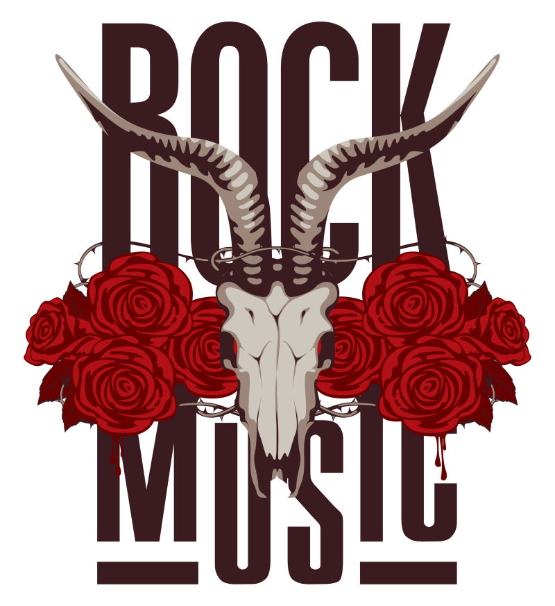 矢量山羊和玫瑰元素的摇滚音乐海报