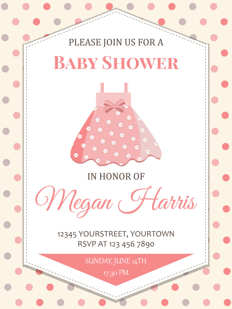 矢量粉色礼服的婴儿沐浴卡设计