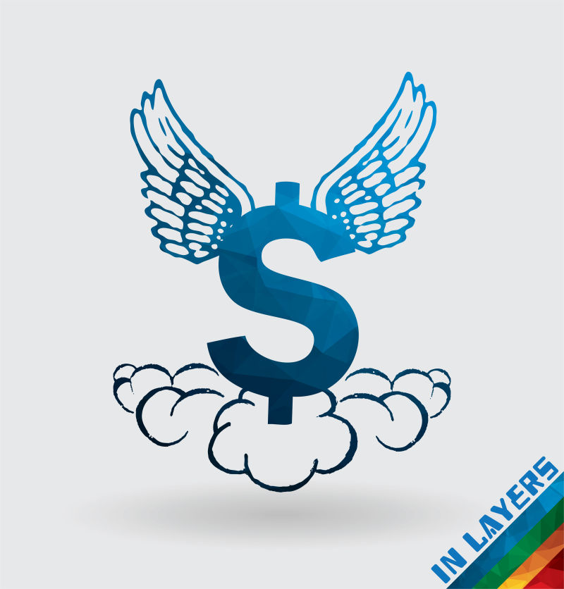 蓝色长翅膀的矢量创意美元货币符号
