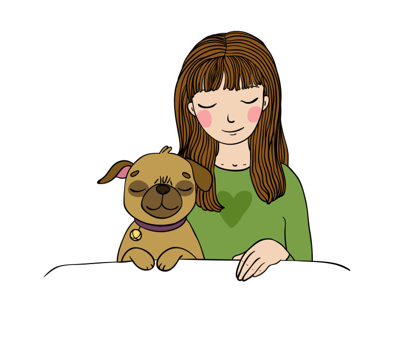 矢量可爱的女孩和小狗的卡通插图