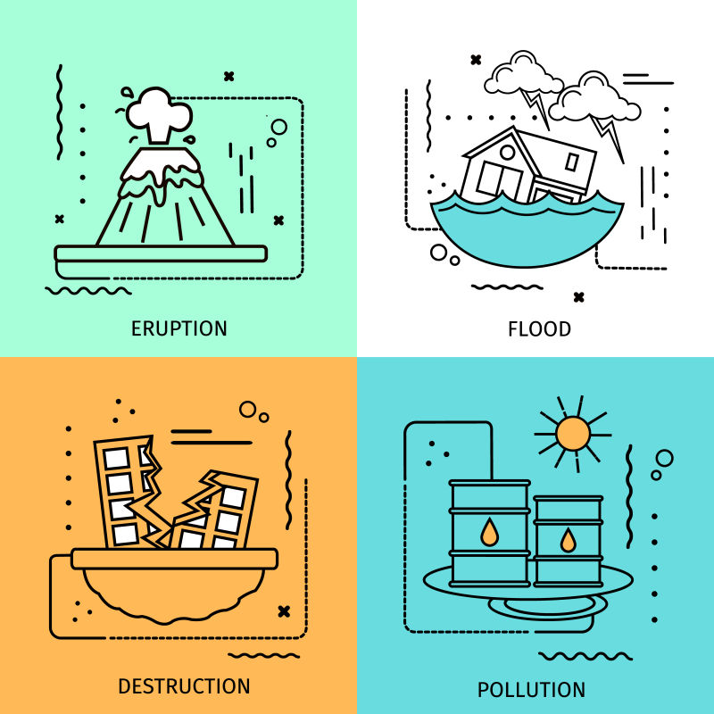 四种自然灾害矢量平面插图设计