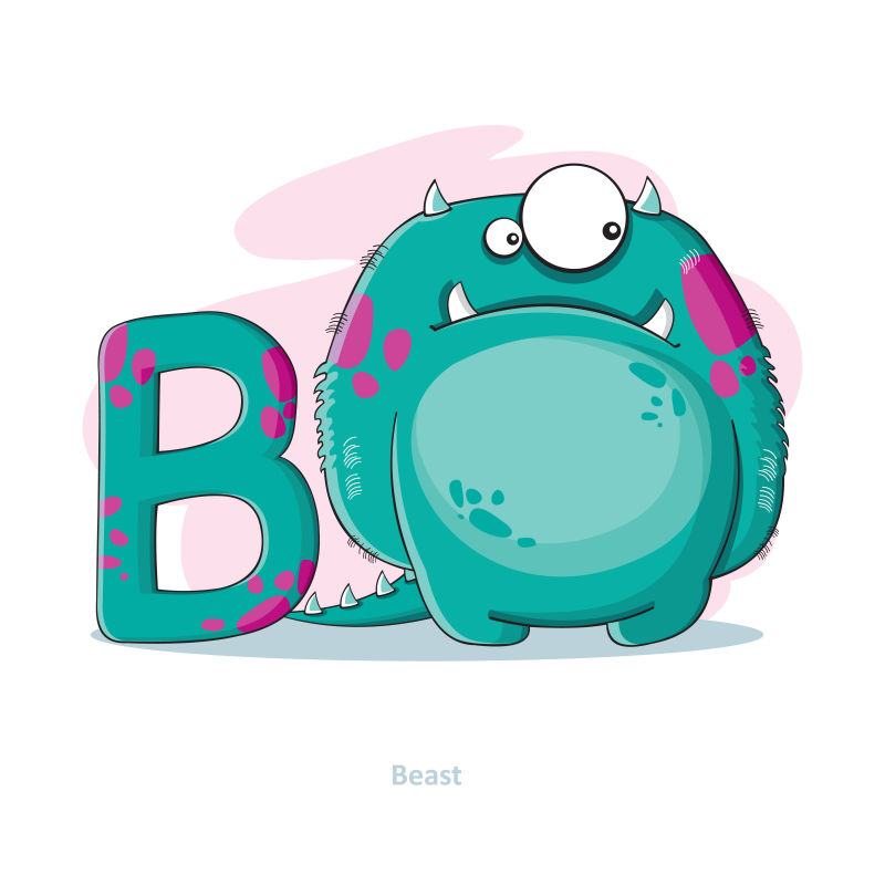 卡通字母B和青色怪物矢量插图