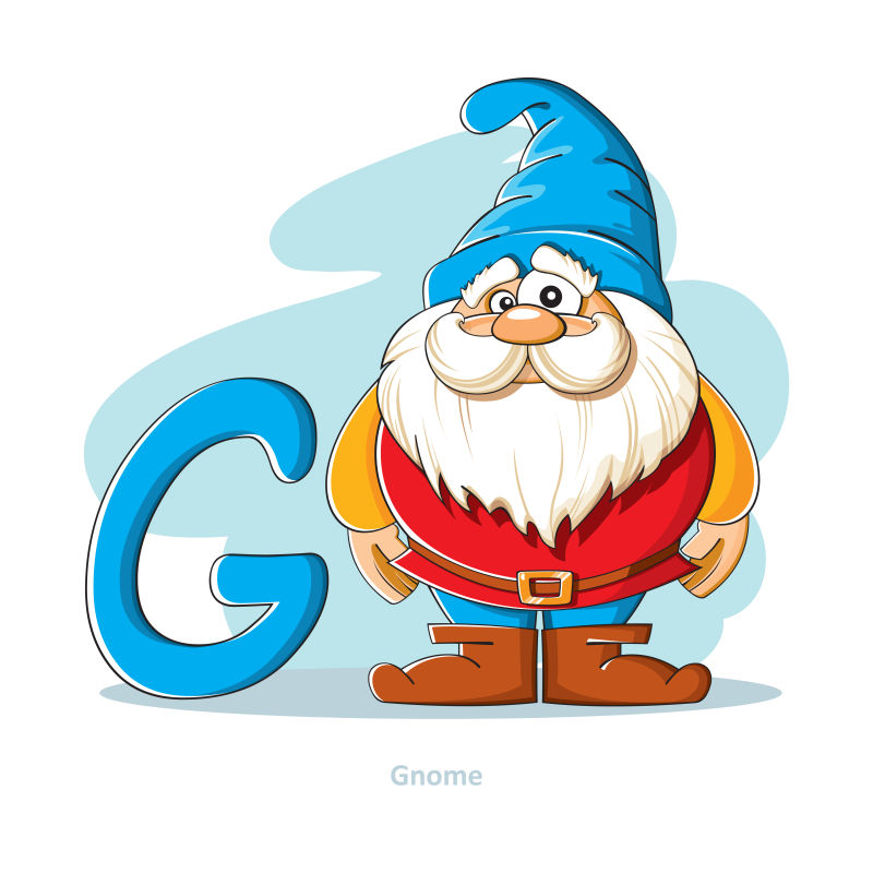 卡通字母G和蓝色帽子的小矮人矢量插图