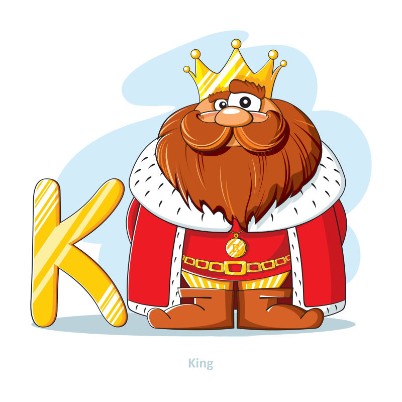 卡通字母K和国王矢量插图