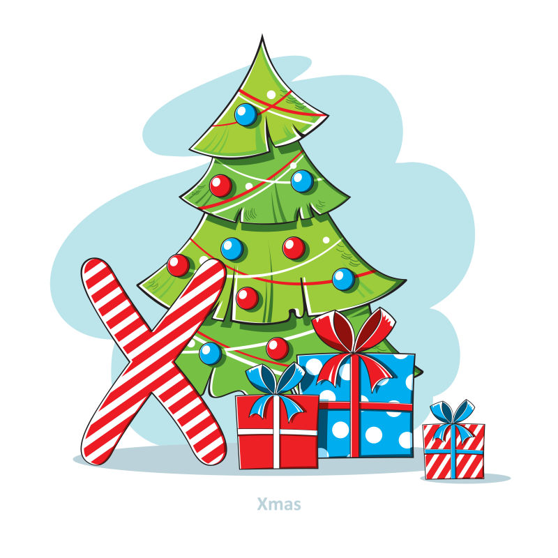 矢量的卡通字母X和圣诞树插图
