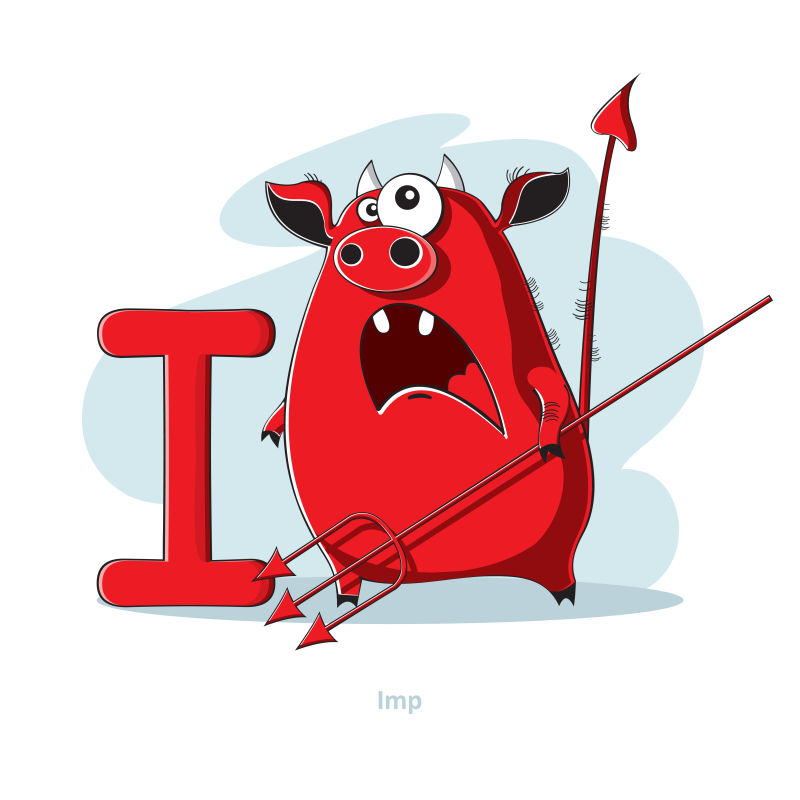 卡通字母I和红色恶魔猪矢量插图