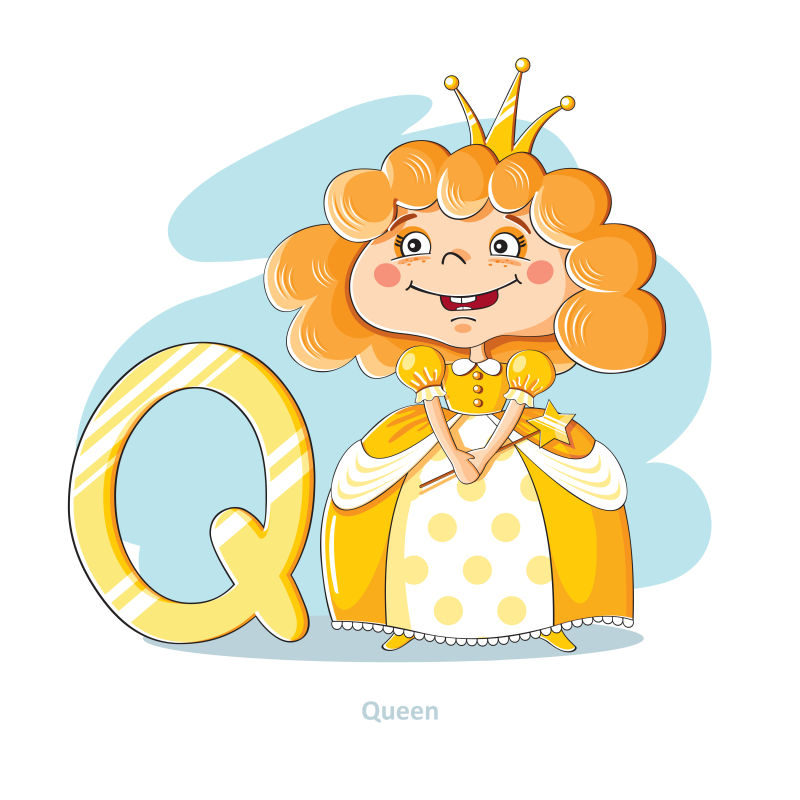 卡通字母Q和小公主矢量插图