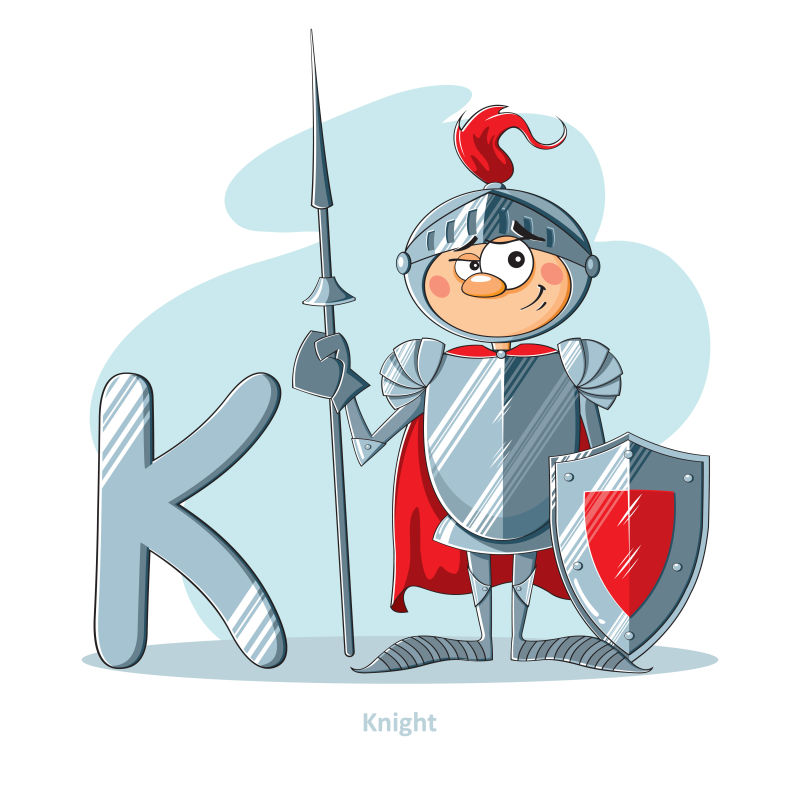 矢量的卡通字母K和银甲骑士插图