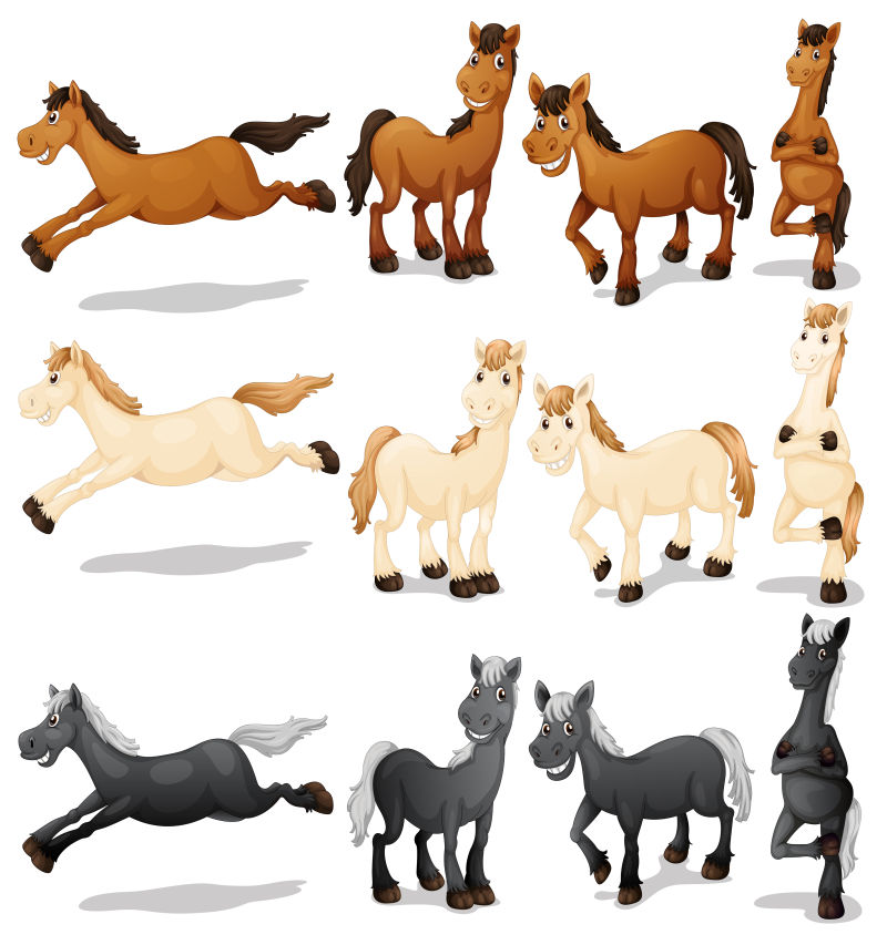 矢量卡通不同色的马的插图
