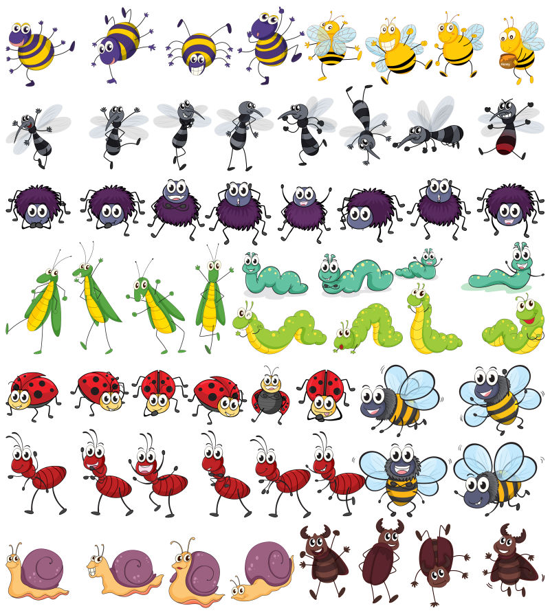 矢量卡通不同种类的昆虫插图