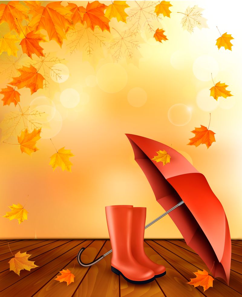 枫树下的红色雨伞和雨靴矢量插图