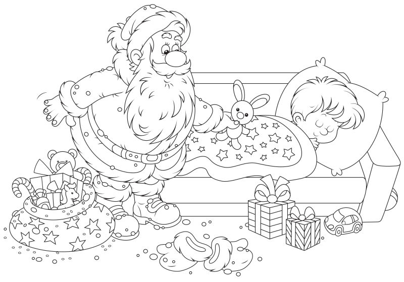 矢量悄悄送礼物的圣诞老人填色插图