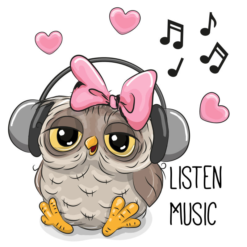 矢量听音乐的卡通猫头鹰插图