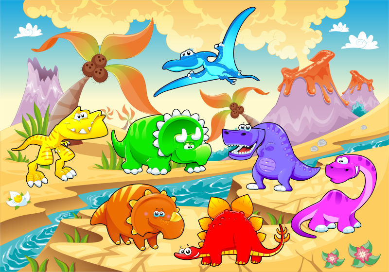 矢量卡通七彩的恐龙插图