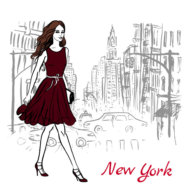 矢量纽约街头的时尚女人插图