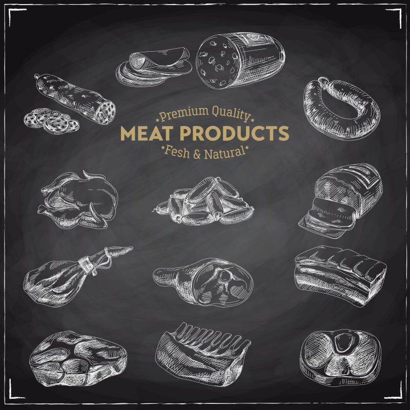 矢量各种肉制品的手绘插图