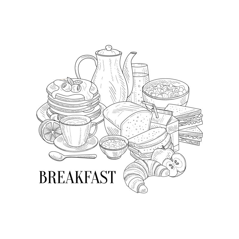 矢量传统早餐的单线插图