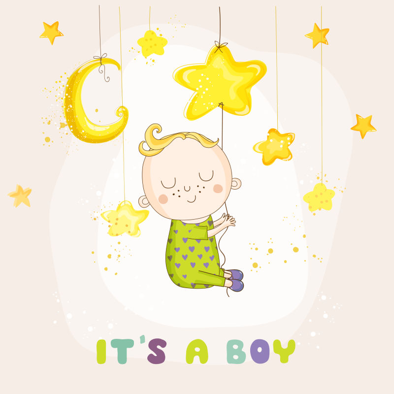 牵着星星睡觉的小宝宝矢量插图