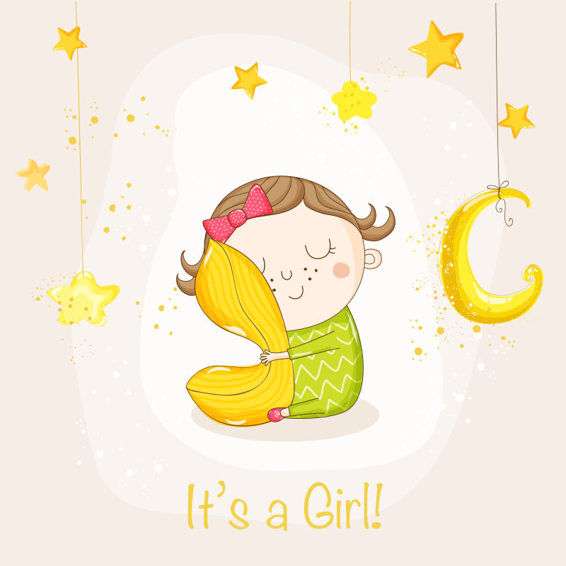 抱着一个枕头的可爱女孩矢量插图