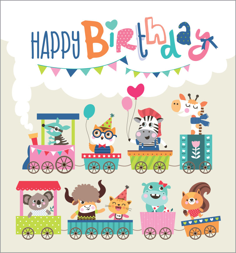 可爱动物图案的生日贺卡矢量设计