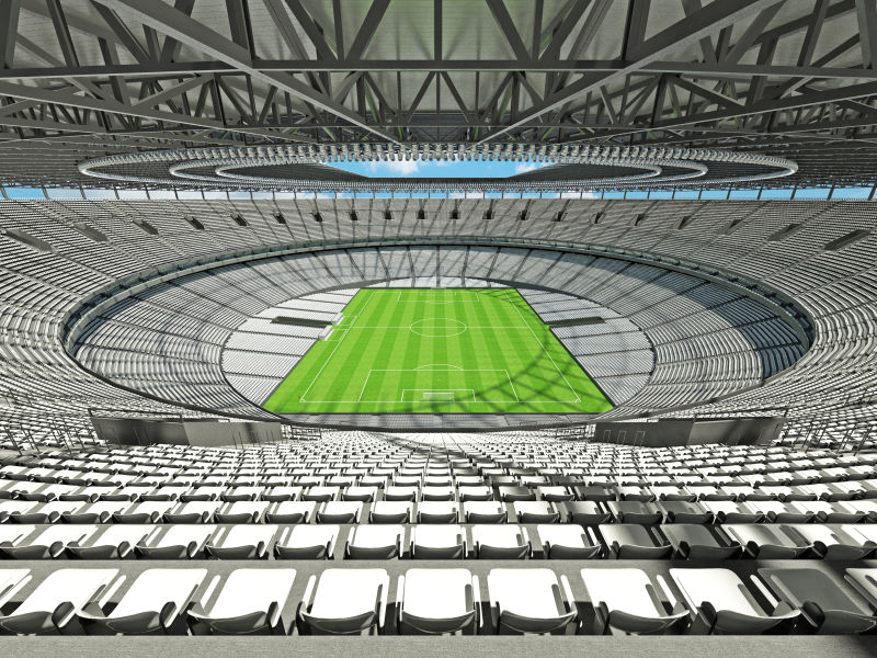 一个有白色座位的圆形足球场三维渲染