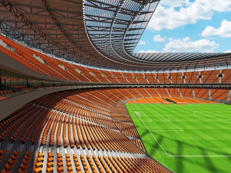 带有橙色座椅的足球场的3D渲染