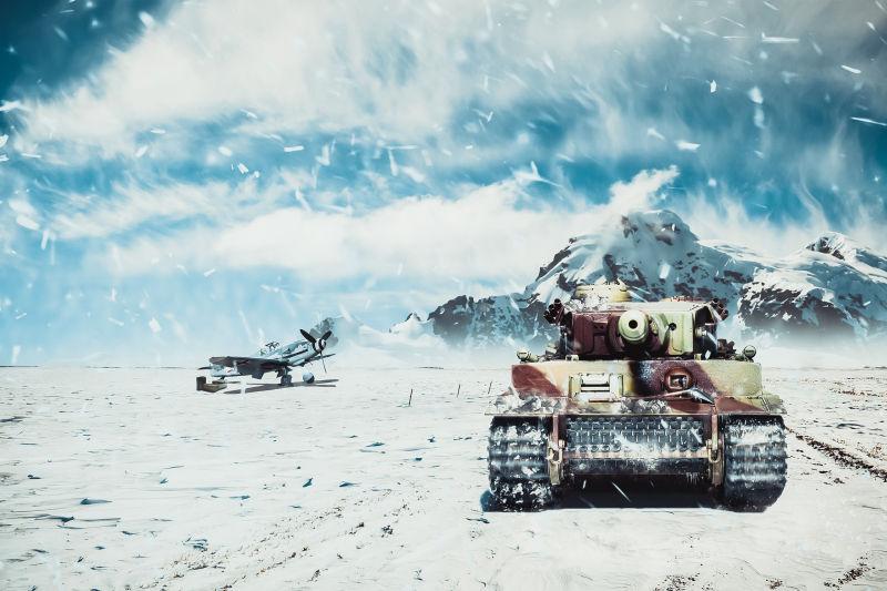暴雪纷飞中的战斗机和坦克