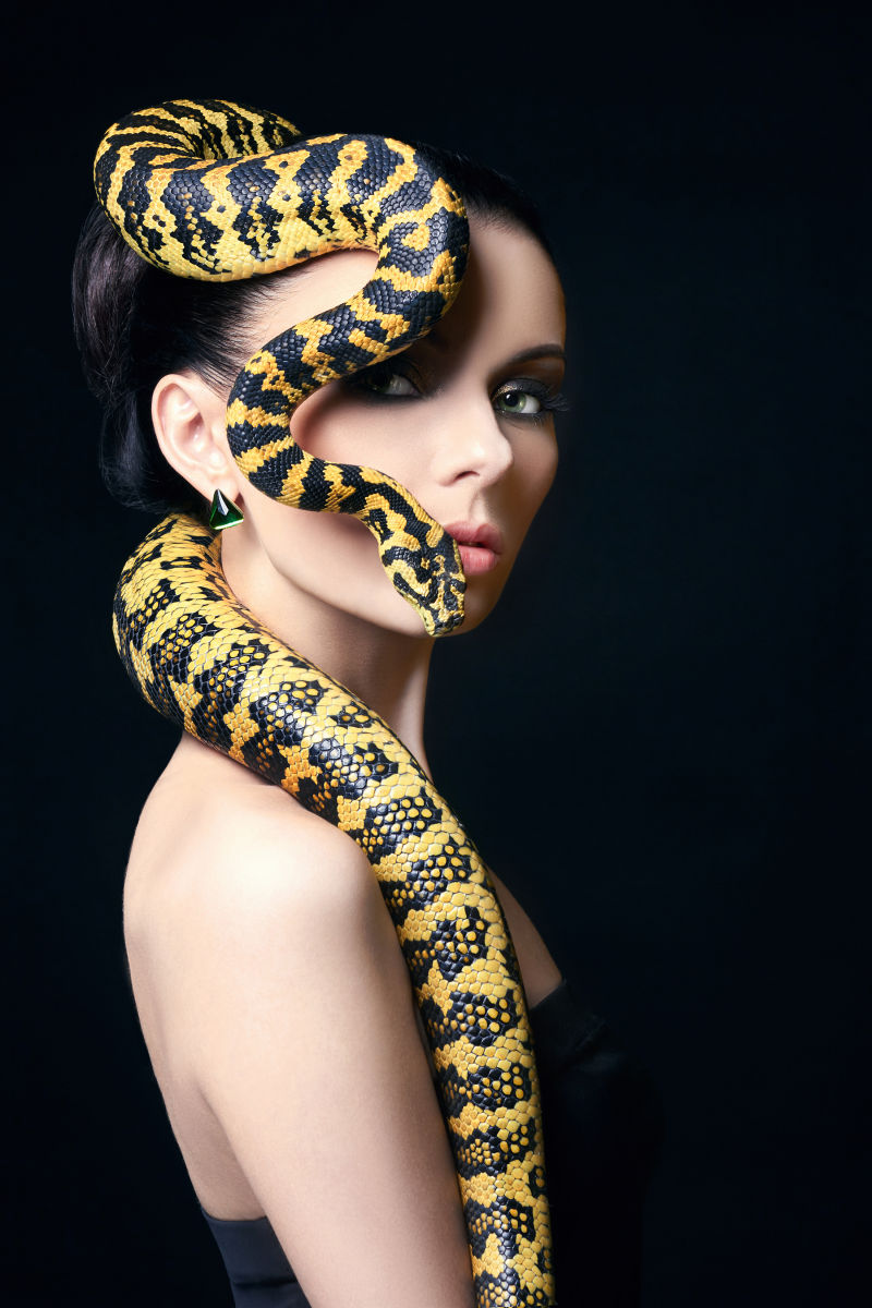 宠物蛇爬在美女的头上