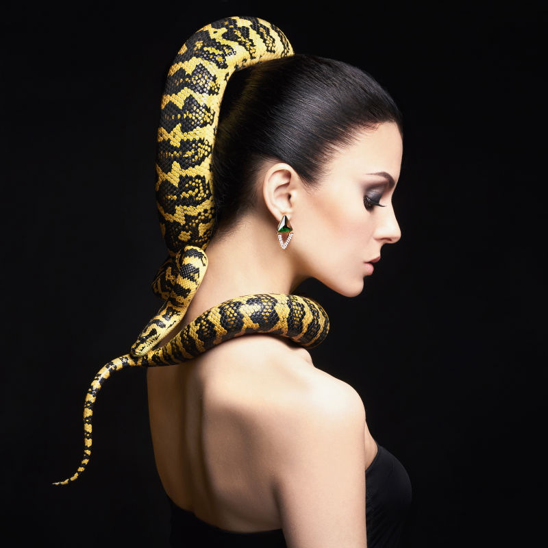 头上爬着一条宠物蛇的美女