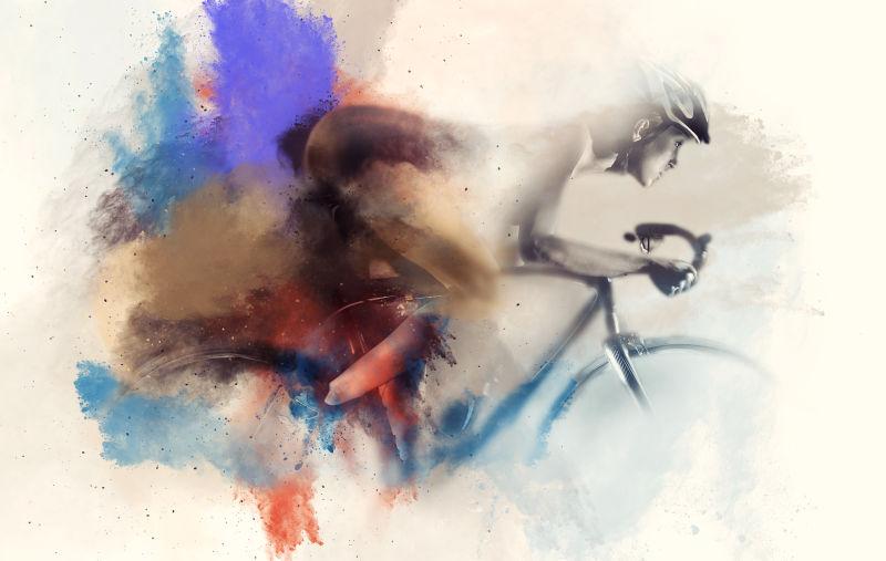 自行车女子与抽象水彩画