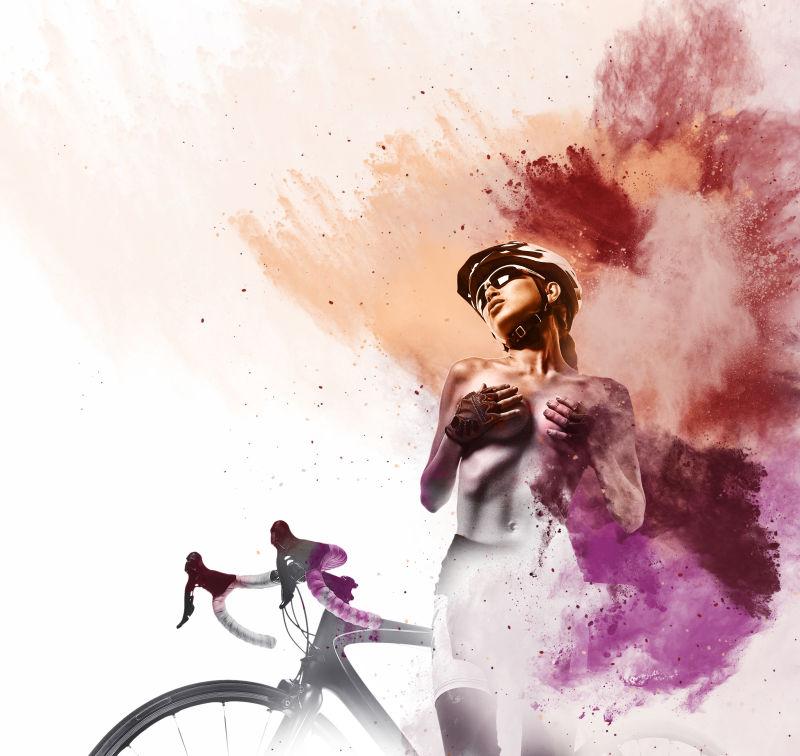 骑自行车的女人抽象水彩结合