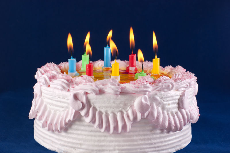 燃烧蜡烛的生日蛋糕