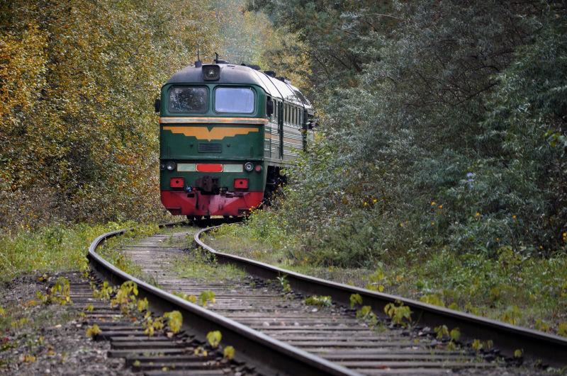 古老的火车在秋天的森林中行在轨道上