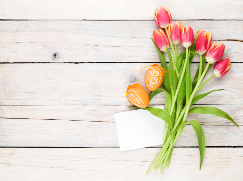 郁金香花束复活节彩彩蛋和空白贺卡