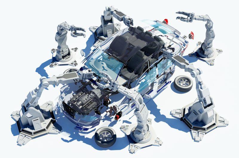 白色背景下的机器人组装汽车
