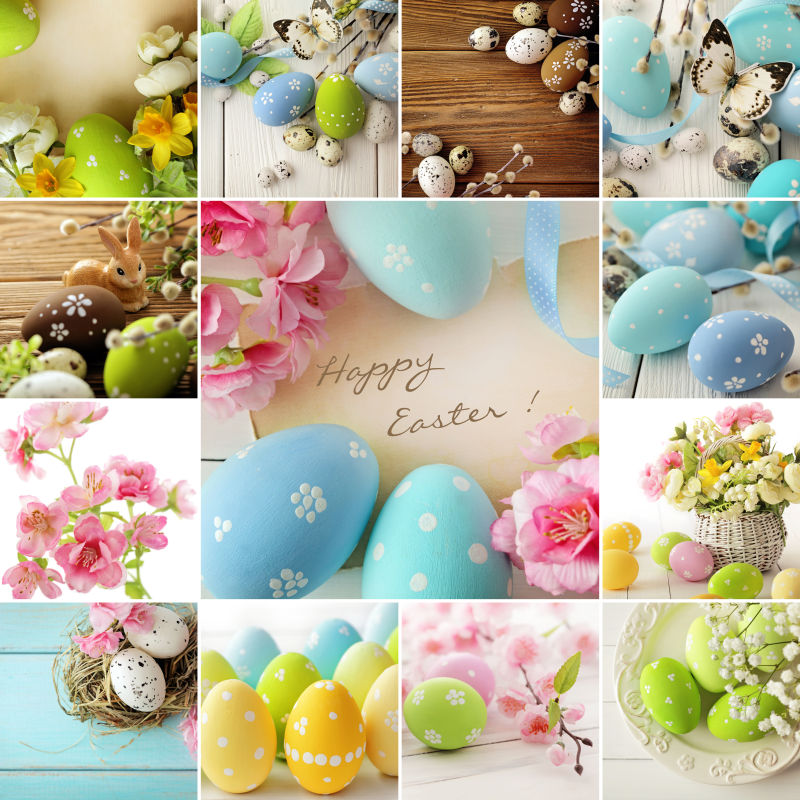 复活节彩蛋和装饰用兔子花朵等拼图