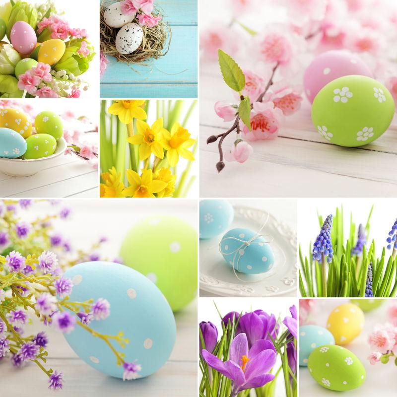 白色背景上的复活节彩蛋和各色花朵的拼贴
