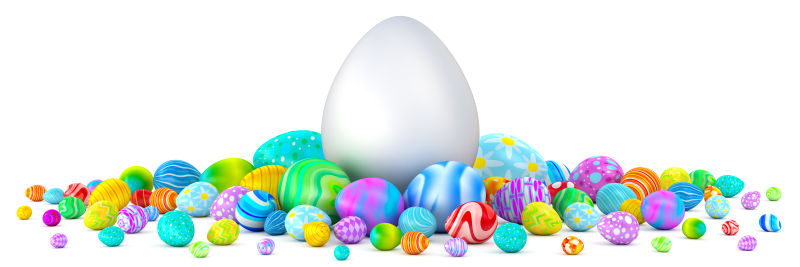 一堆巨大的白色鸡蛋旁边周围的彩色彩蛋堆