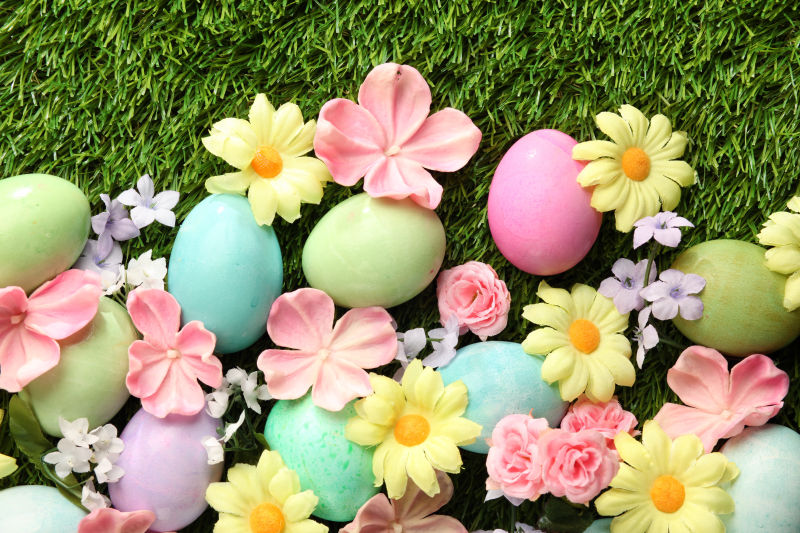 草坪上的复活节彩蛋与花朵