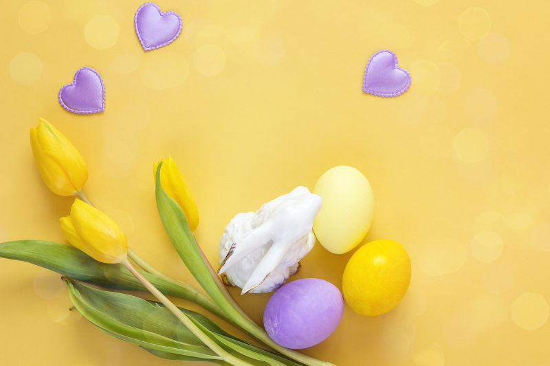 黄色背景中的复活节彩蛋郁金香与兔子玩具