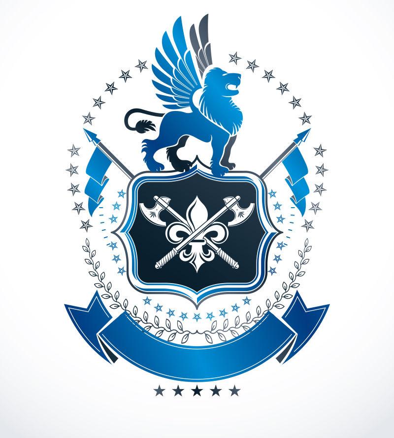 白色背景上蓝色的长着翅膀的狮子徽章设计