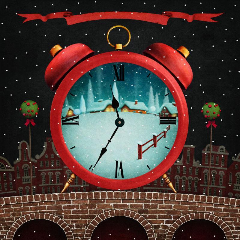 圣诞或新年贺卡上面的红色冬城和红色闹钟绘画