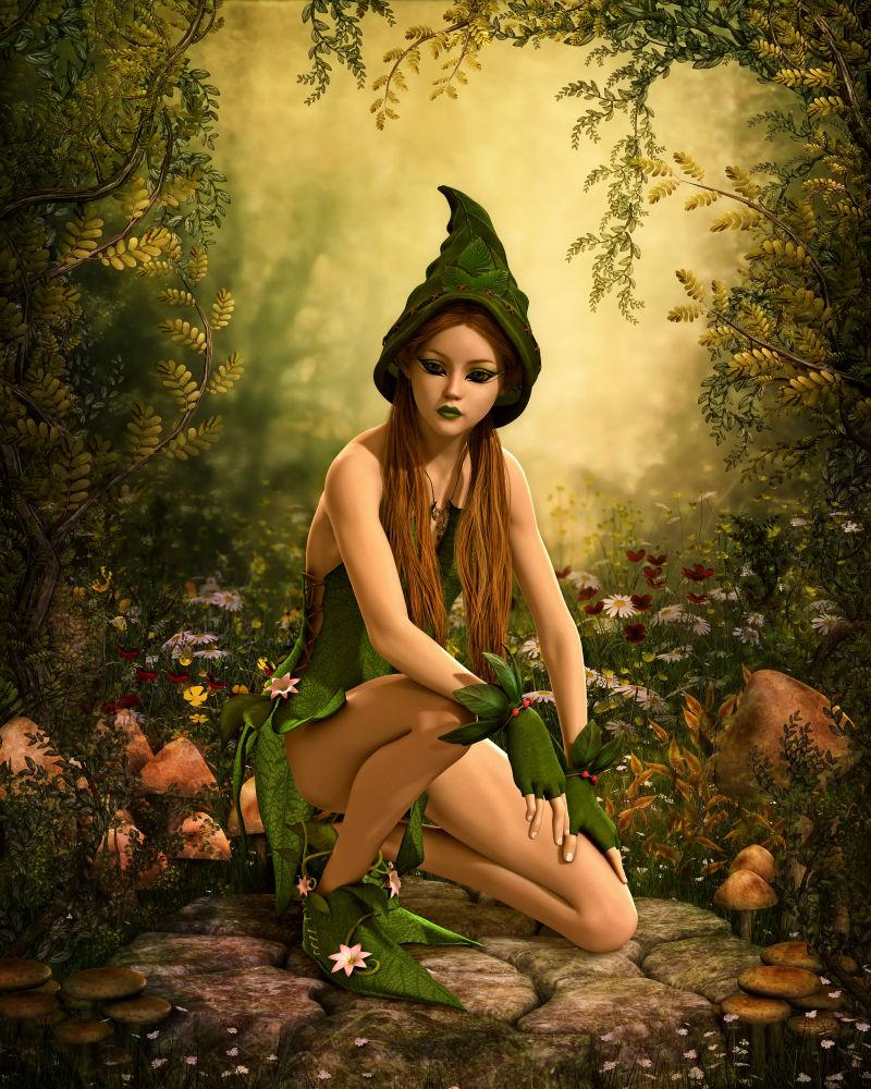 带绿色衣服和帽子的雌性森林精灵