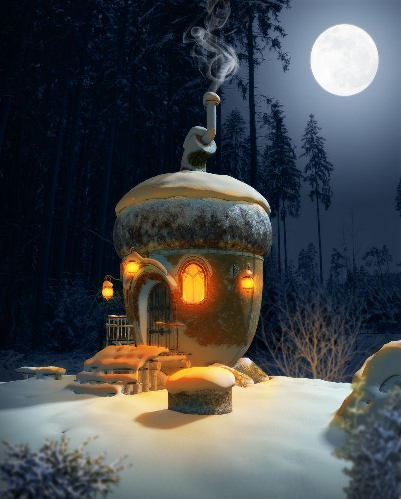 冬天在月光下一个童话般的橡树房子